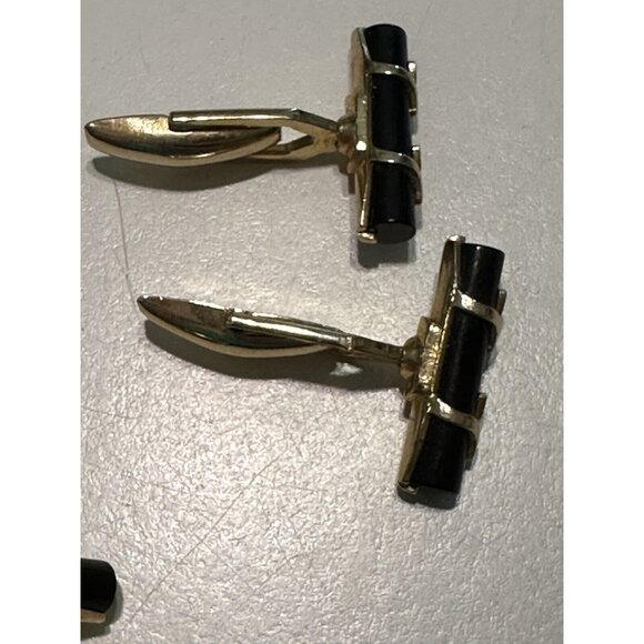 Vintage Emmons Cufflinks Tie Tack Pin Black Onyx gold tone Mid Century Wedding - Picture 4 of 9